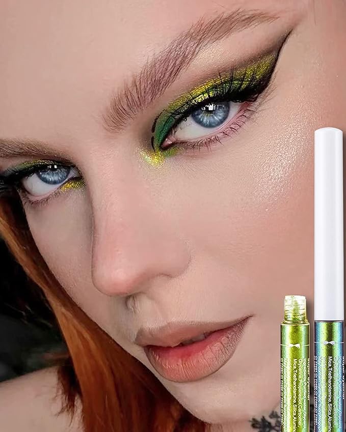 Chameleon Glitter Eyeliner Liquid - 1Pcs Green Metallic High-Pigmented Colored Makeup Glitter Pen for Eye Liner Eyeshadow, Ultra-Fine Tip Multichrome Eyeliner,Christmas Makeup Gift for Women- 02#