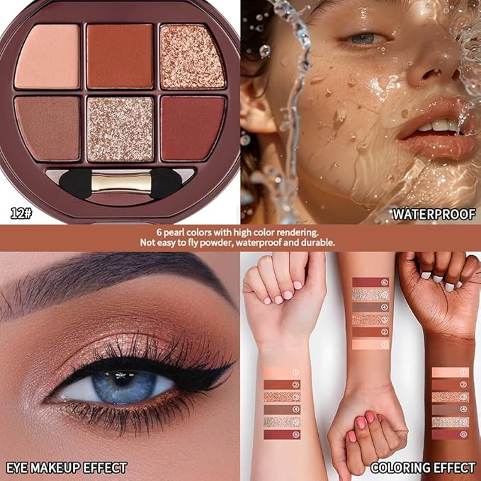 Deep Brown Neutral Matte & Shimmer Eyeshadow Palette, 6 Color High Pigment Blendable Eye Shadow Makeup for Older Women, Lightweight Travel Size, Suitable for All Eye Shapes, Smokey Dramatic Look 12#