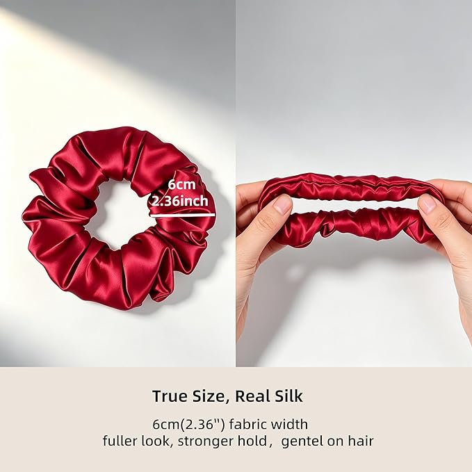 ZLYC 100% Mulberry Silk Hair Tie Scrunchie 19 Momme Gentle Creaseless Dent-Free Ponytail Holder for Women, 6cm Solid Burgundy