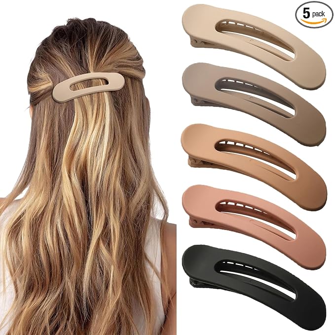 5 Pcs Flat Hair Clips, Medium Lay Flat Claw Clips for Women Girls,Strong Hold Non-slip Matte Hair Claws for Thick Thin Hair(Brown&Pink)