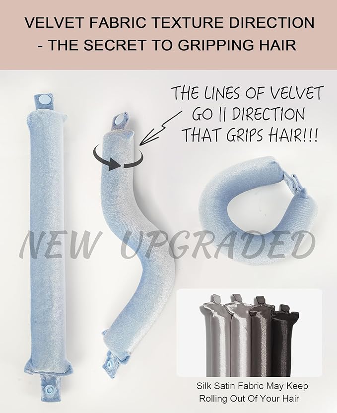 Classic Heatless Curls Overnight Rods - Upgraded Directional Grip Velvet No Heat Hair Curlers to Sleep Hair Rollers Flexible Curling Rods Set for Long Thicker Hair, Full Coverage Larger Silk Scarf