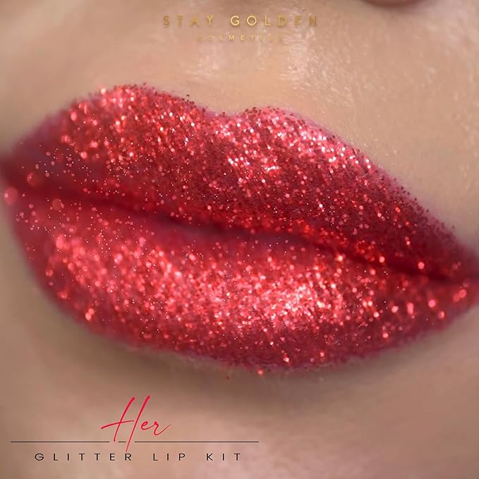 SG STAY GOLDEN COSMETICS Her Glitter Lip Kit, Cherry Red, Silver Sparkles