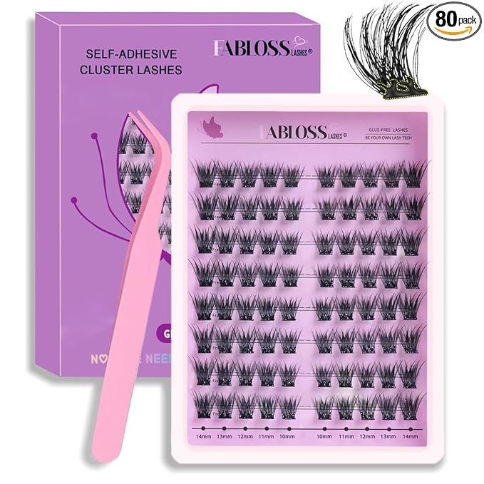 Natural Self Adhesive Eyelashes 80Pcs 10-14mm Self Adhesive Lash Clusters Press On Lashes No Glue Needed Pre-Glued Glueless Lashes No Remover No Residue with Tweezers(Natural Look)