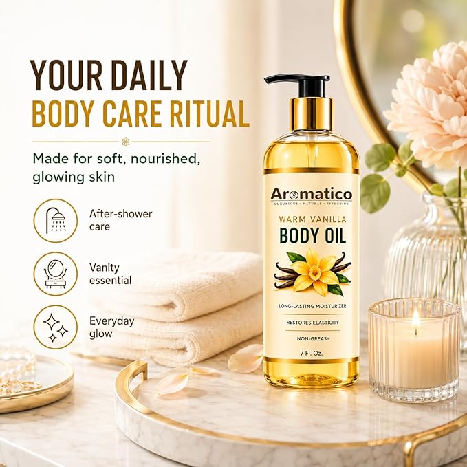 Aromatico Warm Vanilla Body Oil for Women - 7 fl oz | Moisturizing Scented Body Oil for After Shower Daily Use | Cozy, Creamy Vanilla Scent