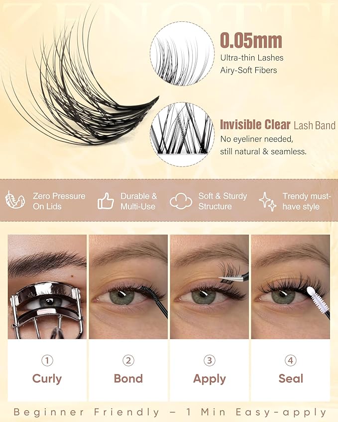 Natural Lash Clusters Spider Lashes Cluster Breeze Wispy Cluster Eyelash Extensions Venus Individual Lashes with Invisible Clear Band DIY Lash Extension for Lash Beginners 8-16mm D Curly by zenotti