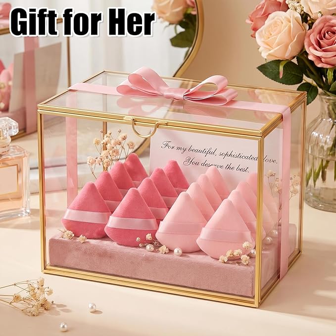Pimoys 12 Pcs Triangle Powder Puff Pink Velour Makeup Puff, Dry Use for Foundation on Cheeks Forehead Eyes and T-Zone, Reusable for Home Travel and Pro Use