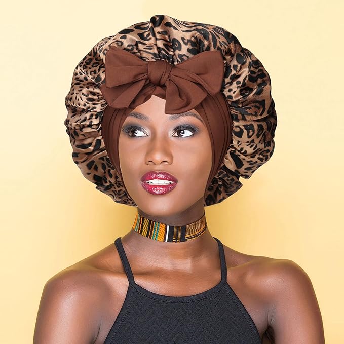AWAYTR Satin Bonnet for Women Tie Band Hair Bonnet Large 2 Layered Silk Sleeping Cap Nightcap with 3PCS Hair Scrunchies (US, Alpha, One Size, Leoprad Print(Brown))