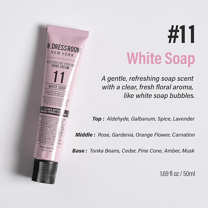 W.Dressroom Moisturizing Hand Cream for Dry Hands, Non-Greasy, Quick-Absorbing Korean Hand Lotion, Travel Size 1.69 fl oz (50 ml), No.11 White Soap Scent