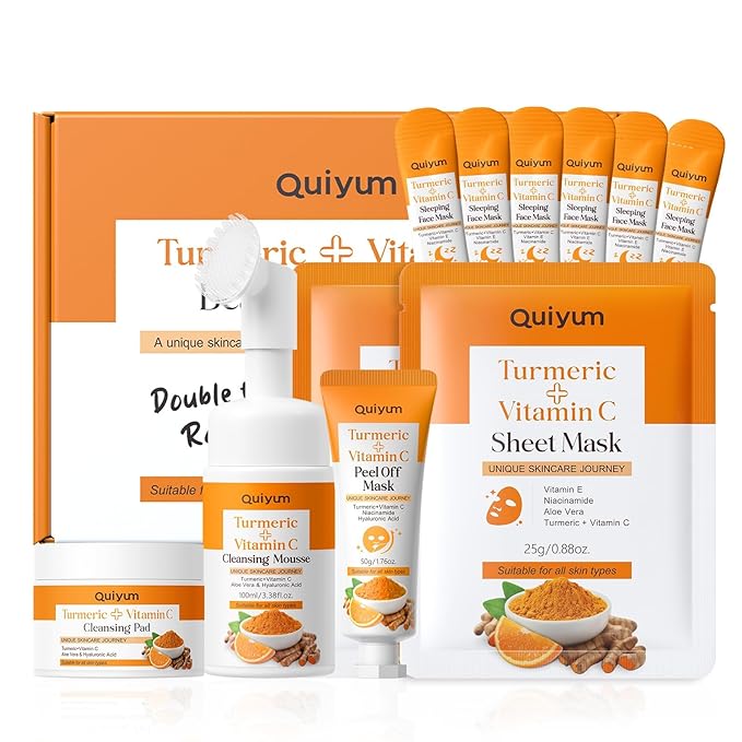 QUIYUM Turmeric + Vitamin C Facial Skincare Set - 5-in-1 Cleansing Kit for Oil Skin Types, Hydrating, Even Tone, Include Cleansing Mousse& Pads, 2Pcs Sheet Mask, Peel Off Mask, 6Pcs Sleeping Mask