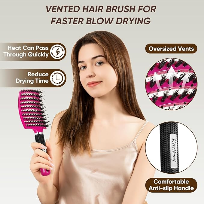 Boar Bristle Hair Brush 2PCS, Curved Vented Detangling Brush for Wet and Dry Hair, Styling Paddle Hairbrush for Women Men Kids Curly Straight Thick Long or Short Hair