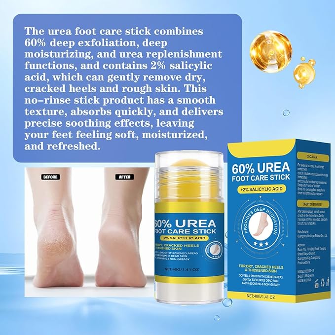 60% Urea with 2% Salicylic Acid Urea Foot Care Stick, Foot Cream Moisturizer for Dry Cracked Feet, Knees, Elbows, Hands,Moisturizes and Hydrates the Dry Skin,Callus Remover & Skin Softener 1.41oz
