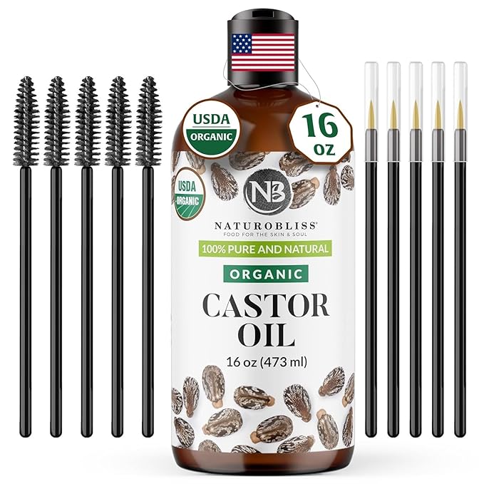 NaturoBliss Organic Castor Oil 16 oz – 100% Pure, Expeller-Pressed, Hexane-Free – Value Size Beauty Oil for Hair, Eyelashes, Eyebrows, Skin & Scalp, with Beauty Starter Kit – USDA Organic, GCMS Tested