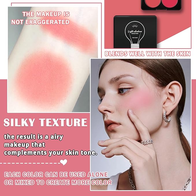 4 Colors Blush Palette for Cheeks with Make Up Brush,Face Matte Contour Blush Makeup Palette,Buildable Shimmer Facial Cheek Blusher Shades,Blendable Cosmetic Makeup Blush