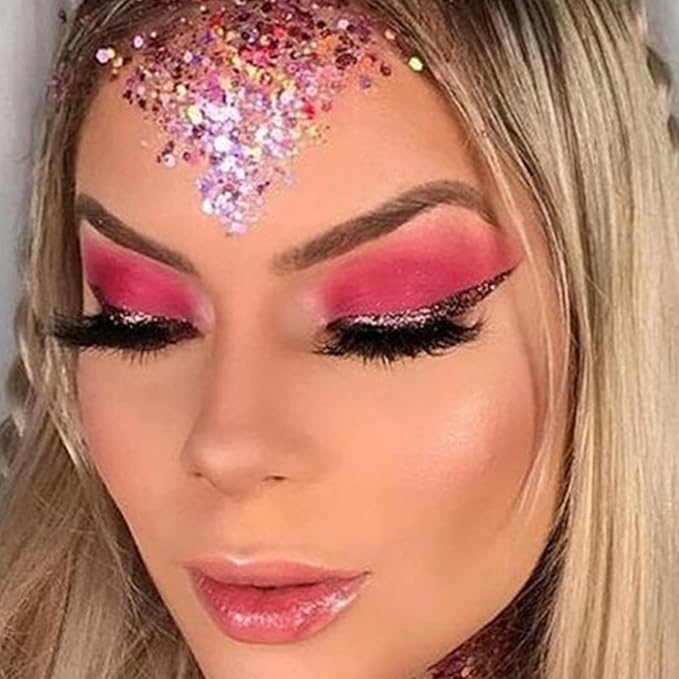 MEICOLY Valentine Pink Face Body Glitter,Holographic Sparkly Hair Glitter,Pink Accessories for Spirit Week,Singer Concerts Lover Heart Halloween Glitter Makeup,Self-adhesive Mermaid Glitter Face Paint
