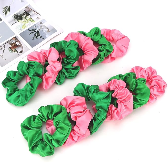 Silk Scrunchies for Women Girls 12 PCS Pink&Green Hair Scrunchies Silk Satin Hair Ties for Thick Hair Bulk Hair Ties Hair Accessories
