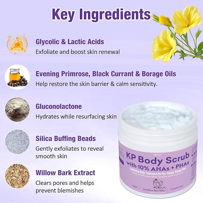 KP Body Scrub for Keratosis Pilaris | 10% AHA + PHA | Smooth Rough, Dry, Bumpy Skin | Exfoliating Body Scrub with Glycolic & Lactic acids | Gentle, Clean Formula | Sensitive Skin Safe, 16 oz, 453g