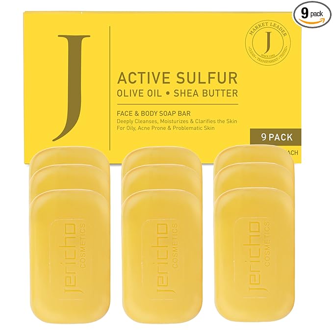 Jericho Dead Sea Sulfur Soap with Olive Oil – Helps with Acne, Psoriasis, Eczema & Blackheads – For Oily to Normal Skin – Vegan Face & Body Bar for Men & Women, 4.4 Oz / 125 g (Pack of 9)