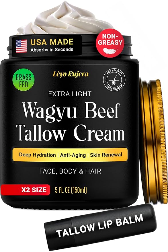 Non-Greasy Beef Tallow for Skin & Beef Tallow Lip Balm 5OZ Shea Butter, Vitamin E, Whipped Grass Fed Beef Tallow for Face Moisturizer Cream, Lotion for Women & Men, Anti-Aging Face Moisturizer