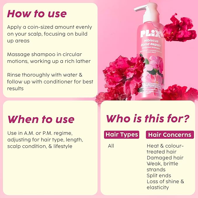Plix Hibiscus Bond Repair Shampoo | Repairs Hair Structure & Reduces Breakage, 6.76 fl oz