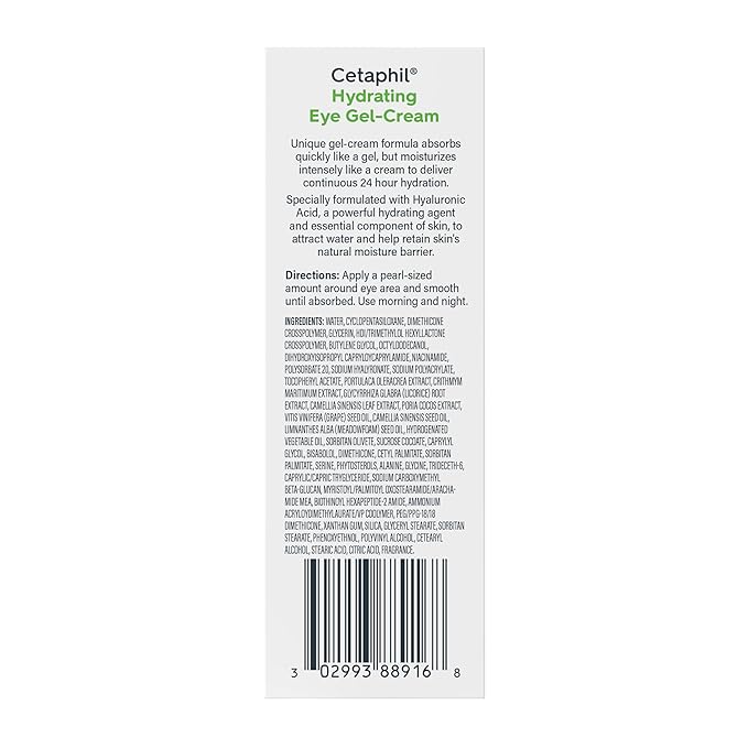 Cetaphil Hydrating Eye Gel-Cream, With Hyaluronic Acid, 0.5 Fl oz, Brightens and Smooths Under Eyes, 24 Hour Hydration for All Skin Types, (Packaging May Vary)