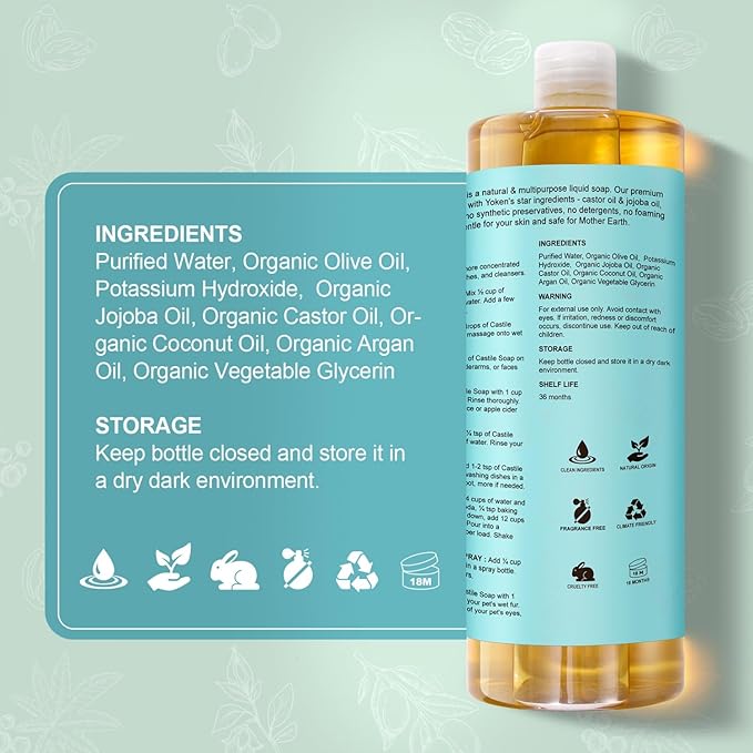 Yoken EWG Verified Castile Soap Liquid Unscented 33.8 fl oz Pure Castile Liquid Cleanser Made With Organic Oil, Clean & Gentle, Natural Castor Oil Soap for Body Wash, Hand, Dishes, Laundry