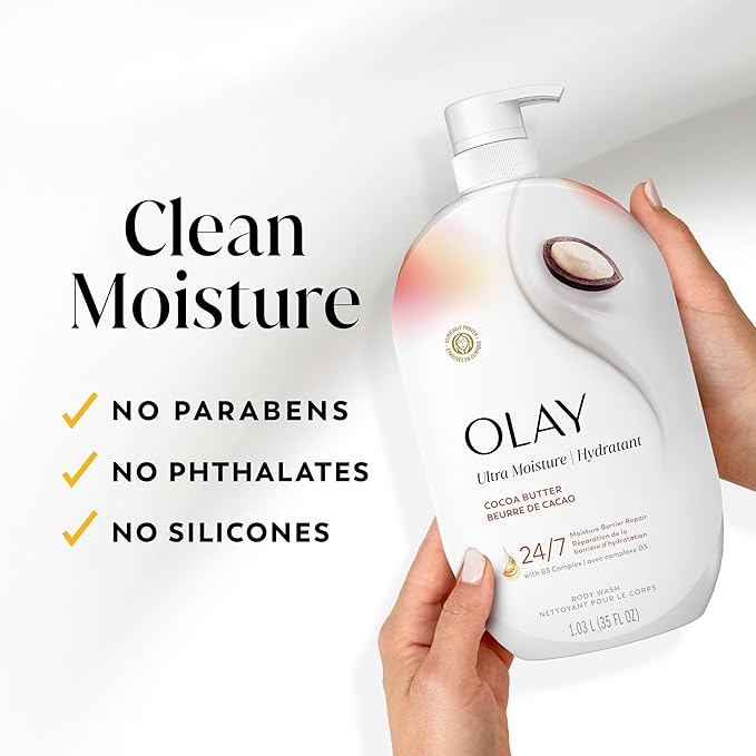 Olay Body Wash for Women, Ultra Moisture, 24/7 Moisture Barrier Repair, Hydrating Formula for Visibly Healthy Soft Skin, Vitamin B3 & Hyaluronic Blend, For All Skin Types, Cocoa Butter Scent, 35 fl oz