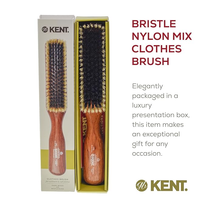 Kent CP6 Clothes Brush. Cashmere Care Dark Wood with Black & White Boar Bristle, Lint Remover for Wool and Silk for Keeping Delicate Fabrics Free from Fibres, Fluff and Pet Hair. Made in England