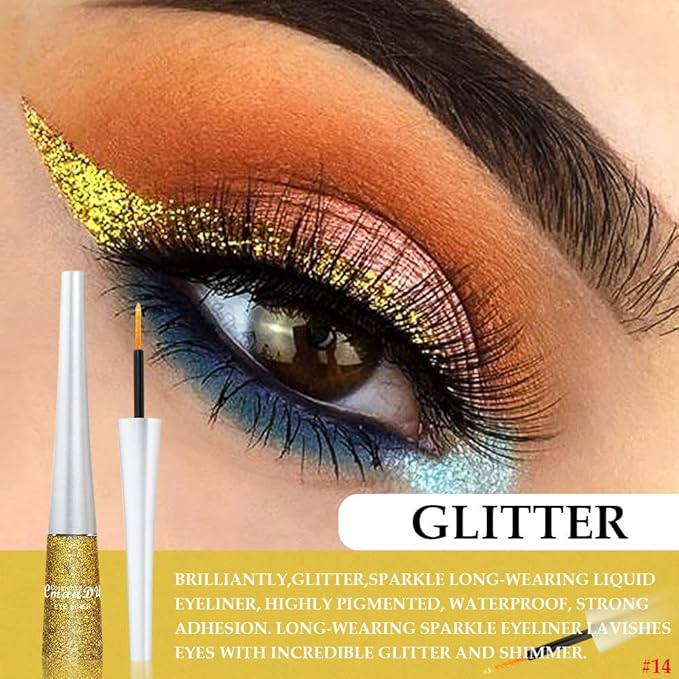 evpct 2Pcs Gold Champagne Gold Color Liquid Glitter Eyeliner Sets Eyeliner Liquid Liners for Women Sparkly Eyeliners delineador con glitter de colores para ojos colores 01+14