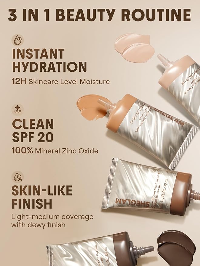 SHEGLAM Dew & Done Skin Tint with SPF20 Light-medium Coverage Foundation Evens Skin Tone-Bamboo