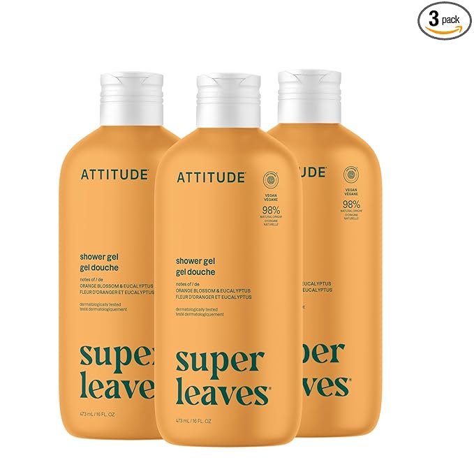 ATTITUDE Body Wash, EWG Verified Shower Gel, Dermatologically Tested, Plant and Mineral-Based, Vegan Personal Care Products, Orange Blossom & Eucalyptus Scent, 16 Fl Oz (Pack of 3)