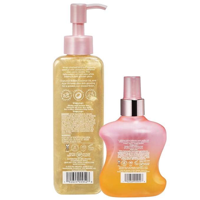 PDC Brands Sunryz Golden Sugar Shimmer Body Oil and Fragrance Mist, Limited Edition, 5 fl oz and 6 fl oz, 2 Piece Set (Golden Sugar)