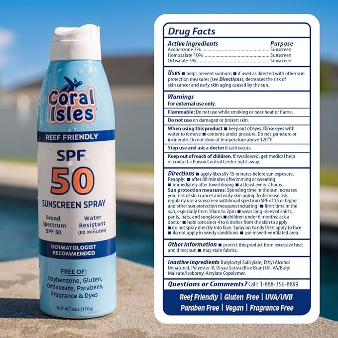 Coral Isles SPF 50 Sunscreen Spray - Hawaii Reef Safe Compliant - Oxybenzone & Octinoxate Free - Broad Spectrum - Water Resistant, 6 Fl Oz (Pack of 2)