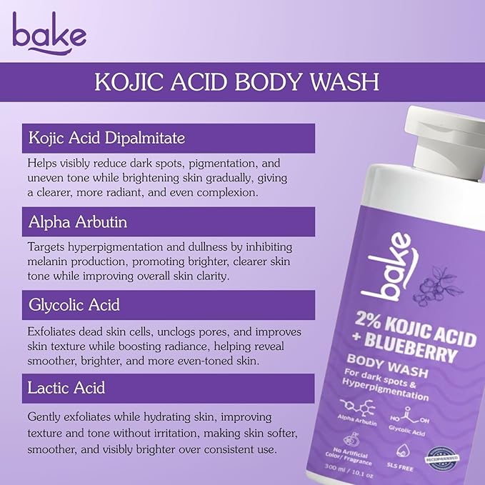 BAKE 2% Kojic Acid Body Wash for Pigmentation & Tan Removal with Glycolic Acid & Alpha Arbutin | For Dark Knees & Elbows | Dark Spots & Sun Damage | 250ml
