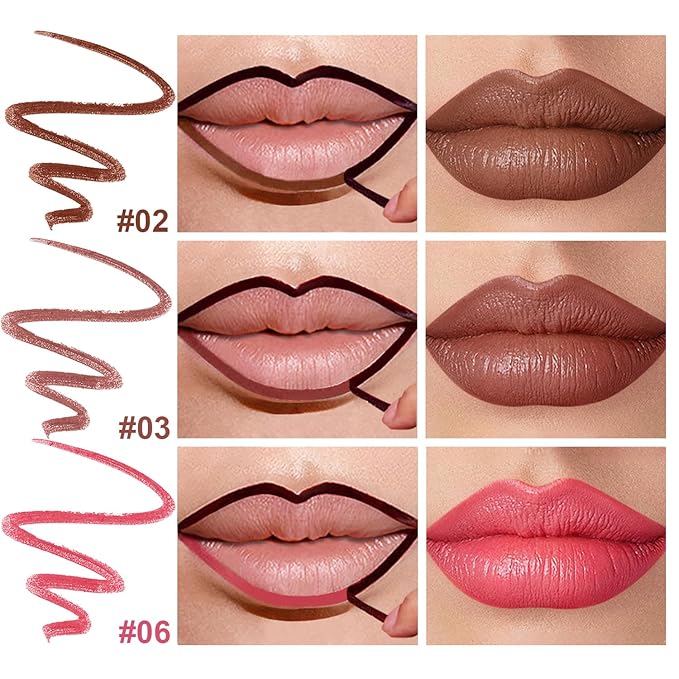 3 Colors Peel Off Lip Liner Stain Kit, Long Lasting Waterproof Lip Tint Stains Makeup Set with Matte Finish for Women, Natural Look, Easy to Use, for All Skin Types, Tweezer Include (#2,3,6)