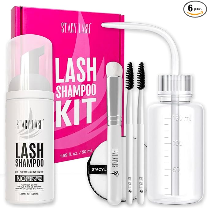 STACY LASH Lash Shampoo 50ml Kit Foaming Cleanser with Eye Lash Spoolies & Rinse Bottle & Cleansing Pad & Brush for Eyelash Extensions & Clusters & Natural Eyelashes