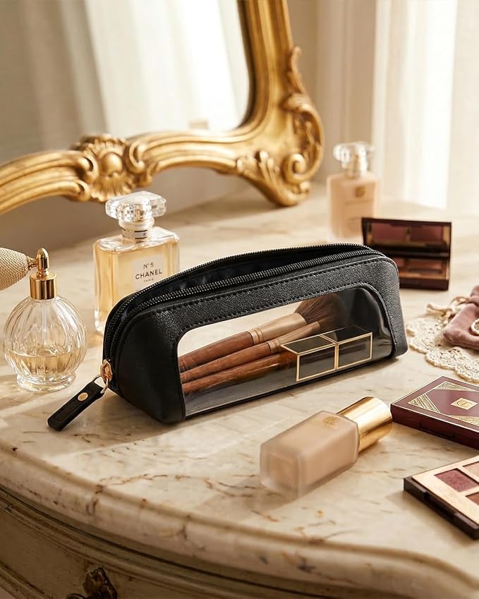 LETGO Clear Makeup Bag Travel Cosmetic Case Transparent Toiletry Bag with Zipper, Portable Make Up Organizer Traveling Compact Car Bag for Essentials (Slim, Black)