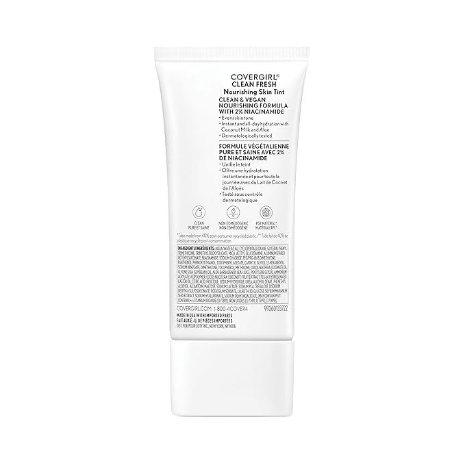 COVERGIRL Clean Fresh Nourishing Skin Tint, 570 Medium/Tan, Liquid Foundation, Dewy Finish, Infused with Coconut & Aloe, Vegan Formula