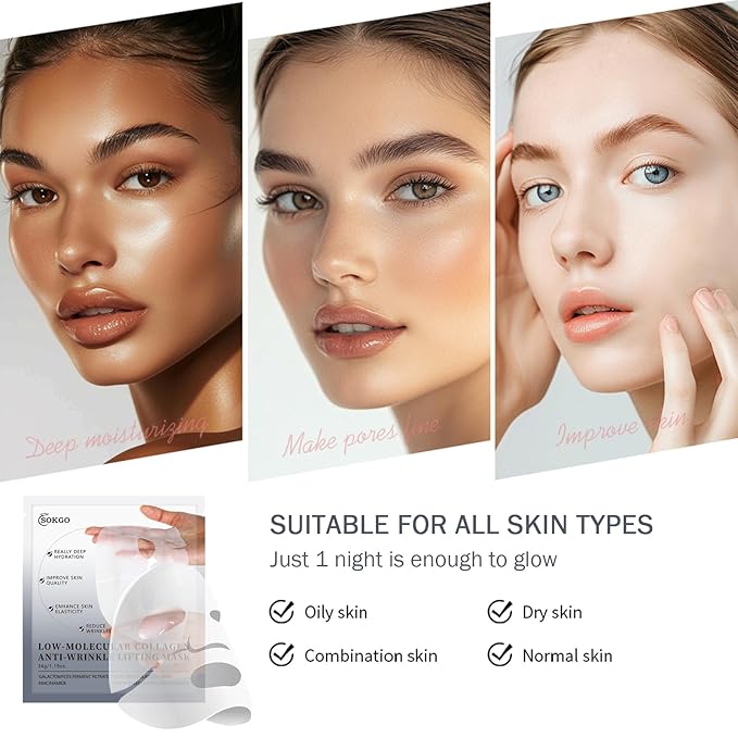 Sokgo Low Molecular Weight Collagen Overnight Hydrogel Mask, Enhances Skin Elasticity, Reduces Pores, Transforms from White to Transparent Upon Absorption Skin Care Treatment.