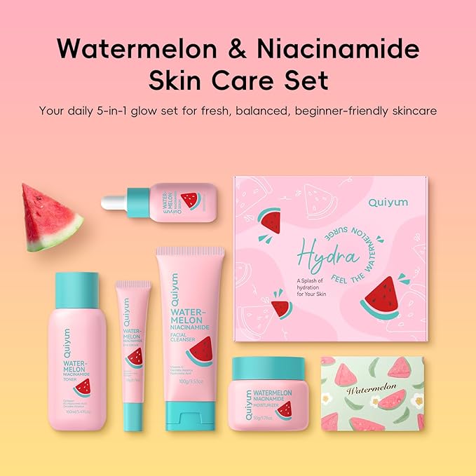 QUIYUM Watermelon Niacinamide Skin Care Set, Routine Beauty Skincare for Teens- Gift Set with Cleanser, Toner, Eye Cream, Cream, Serum, Facial Juicy Glow Up for Women, Girls, for All Skin Types (5PCS)