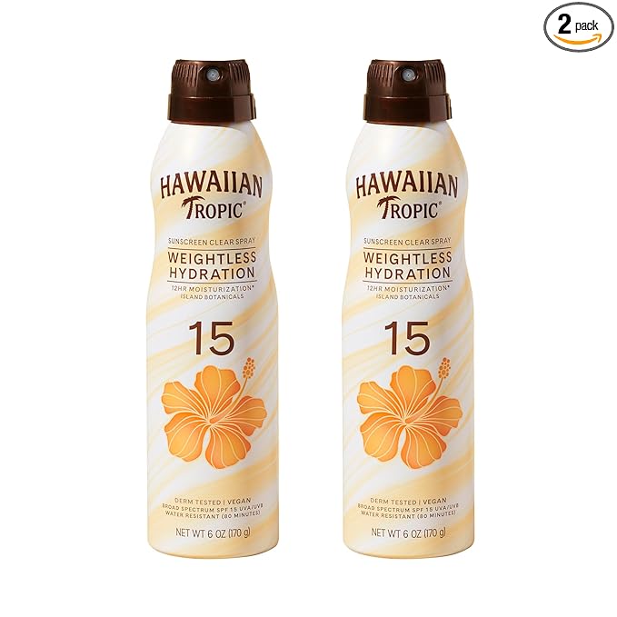 Hawaiian Tropic Weightless Hydration Clear Spray Sunscreen SPF 15, 6oz Twin Pack, Hawaiian Tropic Sunscreen SPF 15, Sunblock, Oxybenzone Free Sunscreen, Spray On Sunscreen Pack, 6 oz each