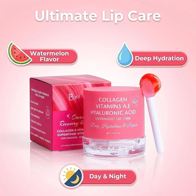 Lip balm butter BS-MALL Watermelon- Luxurious hydrating overnight lip mask Care & chapstick for Dry Chapped Lips, Lip Repair Treatment with Glossy Finish,20g