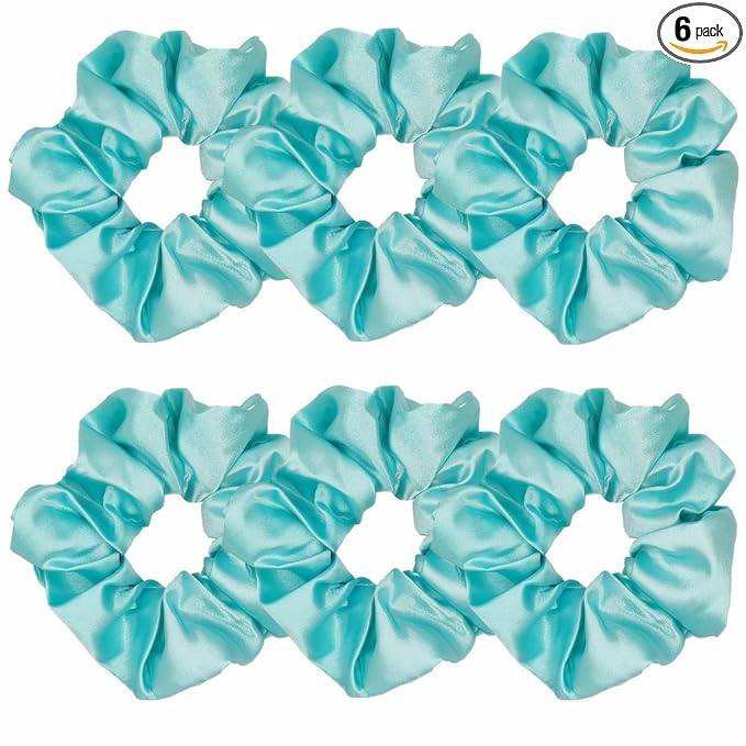 6 Pcs Satin Silk Hair Scrunchies and Ponytail Holders - Soft Hair Ties, Fashion Bands, Bows, Ropes, Elastics - Hair Accessories for Women and Girls (4.3 inch, Blue Green)