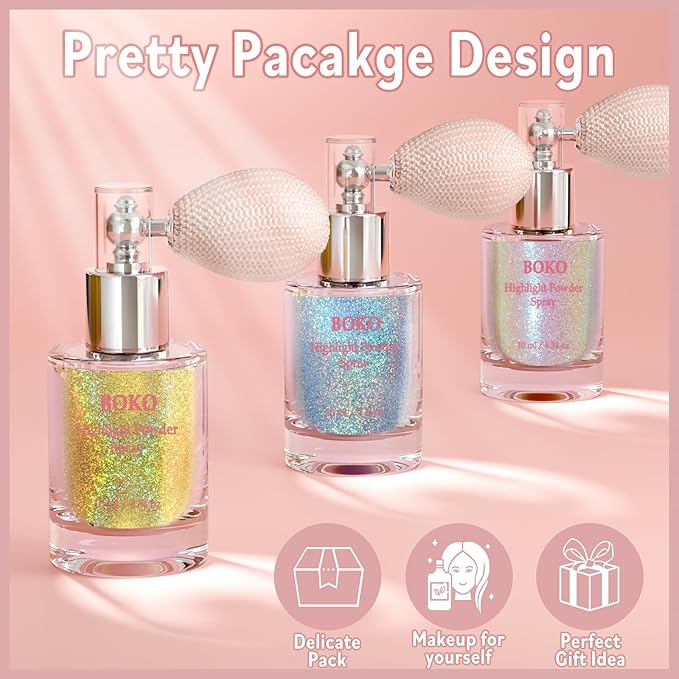 Boko Body Glitter Spray, Iridescent Glitter Spray for Sparkling Body Face Hair Nail Clothes, Hair Glitter Spray Body Shimmer Powder for Highlighter Makeup Mardi Gras Concert Party Rave Accessories