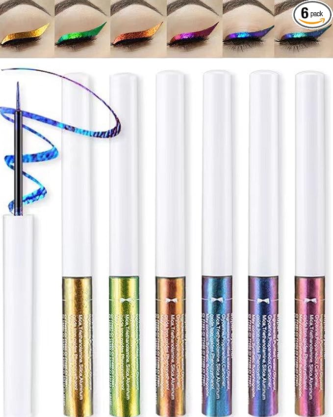 Chameleon Multichrome Glitter Liquid Eyeliner Kit-6Pcs Purple/Blue/Gold/Green Metallic Satin Colored Eye Liner Eye Shadow Stick, Ultra-Fine Tip Eyeliner Pen,Christmas Makeup Gift Set for Women