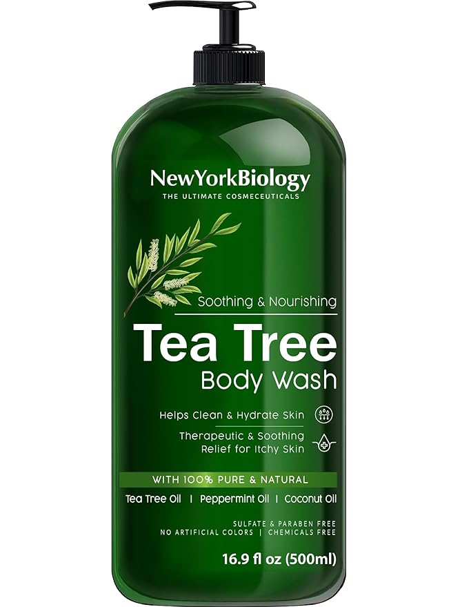 New York Biology Tea Tree Body Wash with Tea Tree Mint Body Wash for Men and Women - Helps Jock Itch & Itchy Skin, Nail Fungus, Athletes Foot, Eczema & Body Odor, Ringworms – 16 Fl Oz
