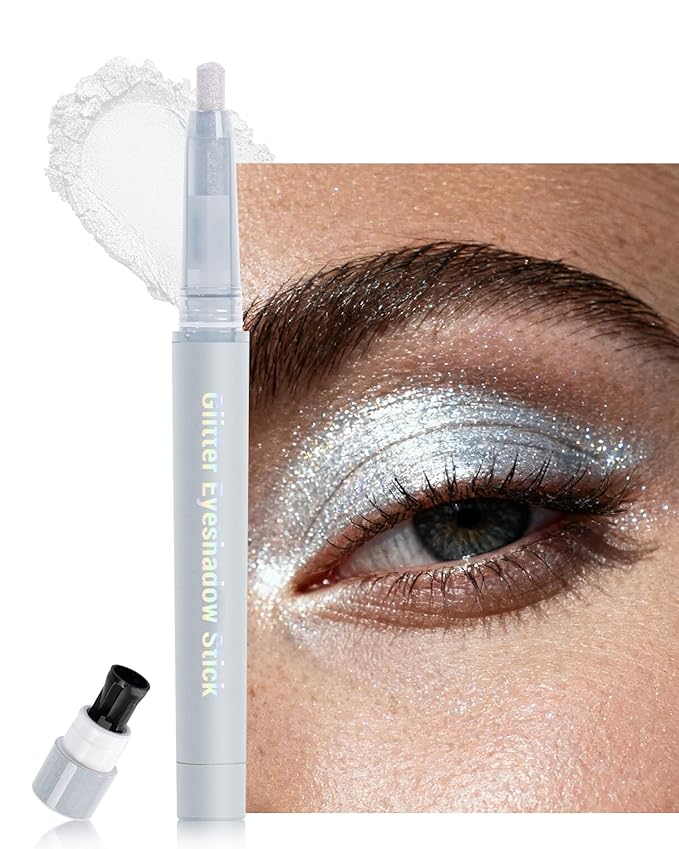 Glitter Eyeliner & Eyeshadow Stick 2 in 1, Silver Metallic Shimmer Eyeshadow Stick, Twist-Up Built in a Sharpener White Eyeliner Pen, Waterproof Creamy Eye liner Makeup for Women Christmas - 08 White