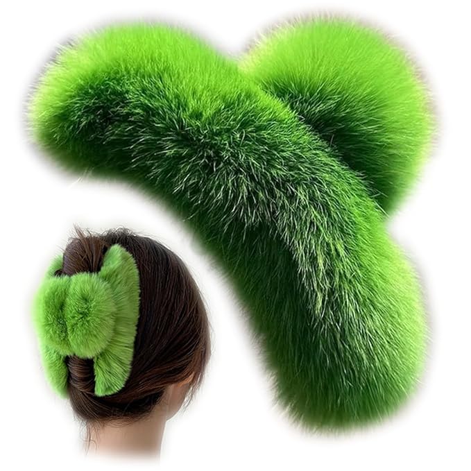 YOYLMAL Large Faux Fur Hair Claw Clip for Women, 5.1 Inches Winter Fluffy Fuzzy Hair Clips, Nonslip Strong Hold Furry Big Jaw Clamp for Thick Long Hair (Dark Green)