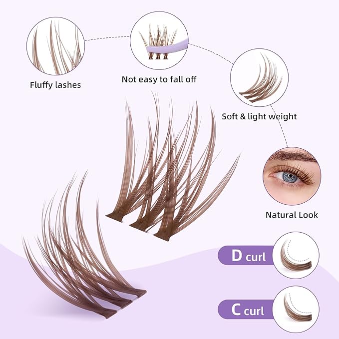 Brown Lash Clusters Kit 10-18mm D Curl Dark Brown Lash Clusters 120pcs DIY Wispy Cluster Eyelash Extensions Individual Natural Lashes False Eyelash Kit with Bond & Seal Remover Tweezers(S3 Lash Kit)