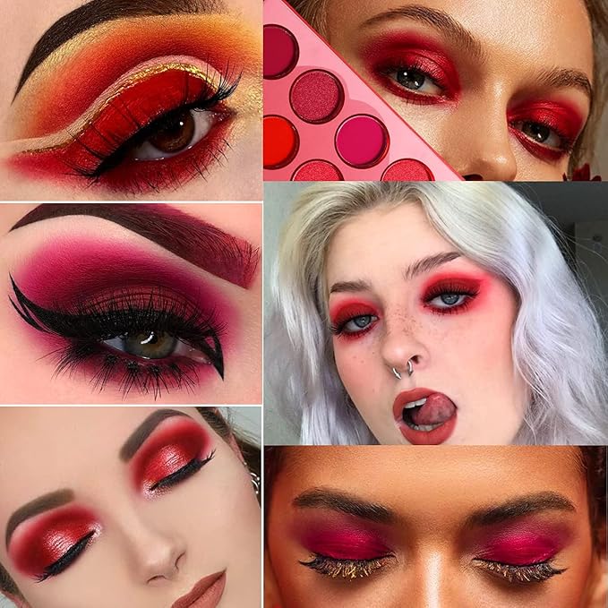 Afflano Red Eyeshadow Palette Makeup, Ultra Pigmented and Blending Bright Dark Hot True Red Black Eye Shade 12 Color, Cruelty Free Velvet Matte Shimmer Warm Fall Sunset Pink Goth red Eye Shadow Pallet