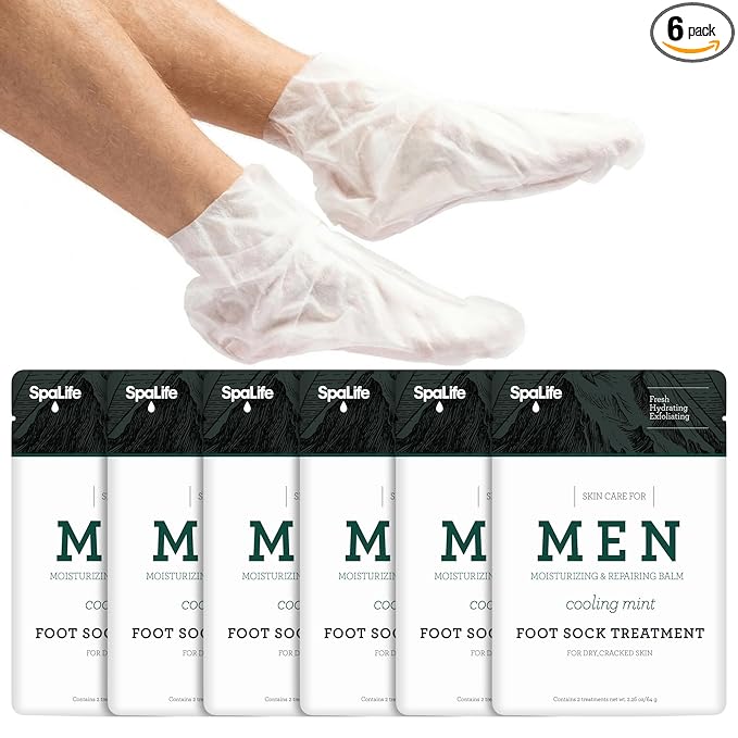 Spa Life Men's Cooling Mint Foot Repair Balm and Moisturizing Socks Set - Revitalizing Hydrating Foot Mask for Soothing Tired, Achy Feet and Softening Dry, Cracked Skin One Size Fits Most- 6 Pairs